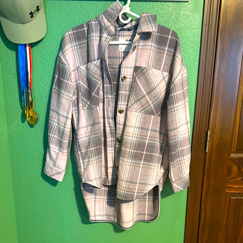 SO Pink and Gray Plaid Shirt Jacket